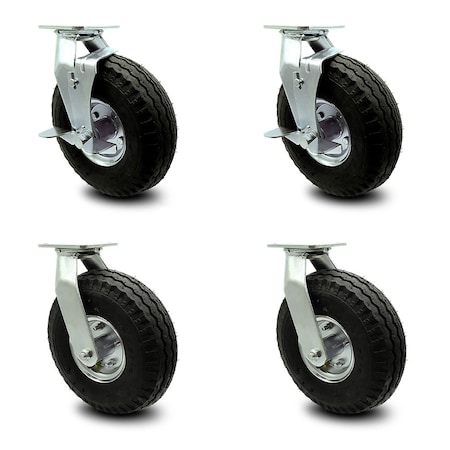 Service Caster 10 Inch Black Pneumatic Wheel Caster Swivel with Swivel Locks 2 with Brake, 4PK SCC-100S3504-PNB-TLB-BSL-2-BSL-2